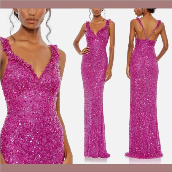 NWT $398 Mac Duggal [ 4 ] Embellished Ruffle‎ Strap Trumpet Gown Fuchsia #Q726 - Picture 1 of 15